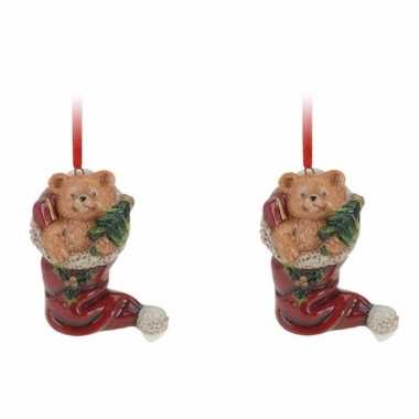 2x kerstornamenten kerstsok met beertje hanger 8 cm