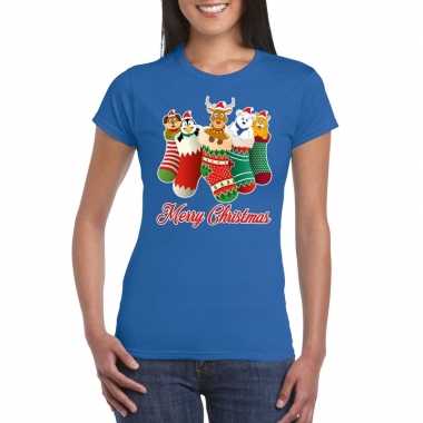 Foute kerst t shirt kerstsokken merry christmas blauw voor dames