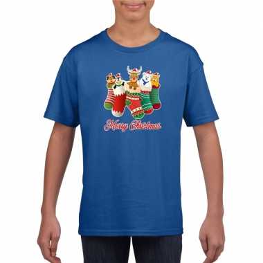 Kerst t shirt merry christmas dieren kerstsokken blauw kids