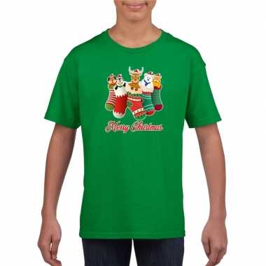 Kerst t shirt merry christmas dieren kerstsokken groen kids