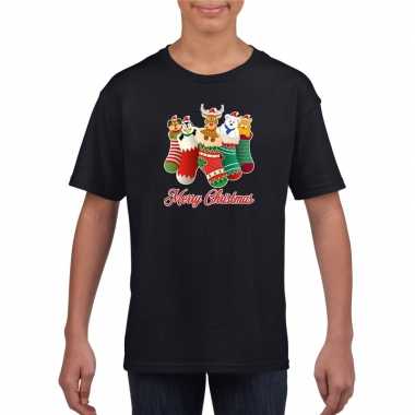 Kerst t shirt merry christmas dieren kerstsokken zwart kids