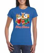 Foute kerst t shirt kerstsokken merry christmas blauw voor dames