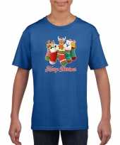 Kerst t shirt merry christmas dieren kerstsokken blauw kids